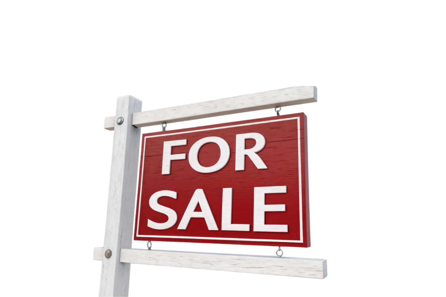 A traditional white wooden sign with a red FOR SALE panel, hanging from hooks on a white post png