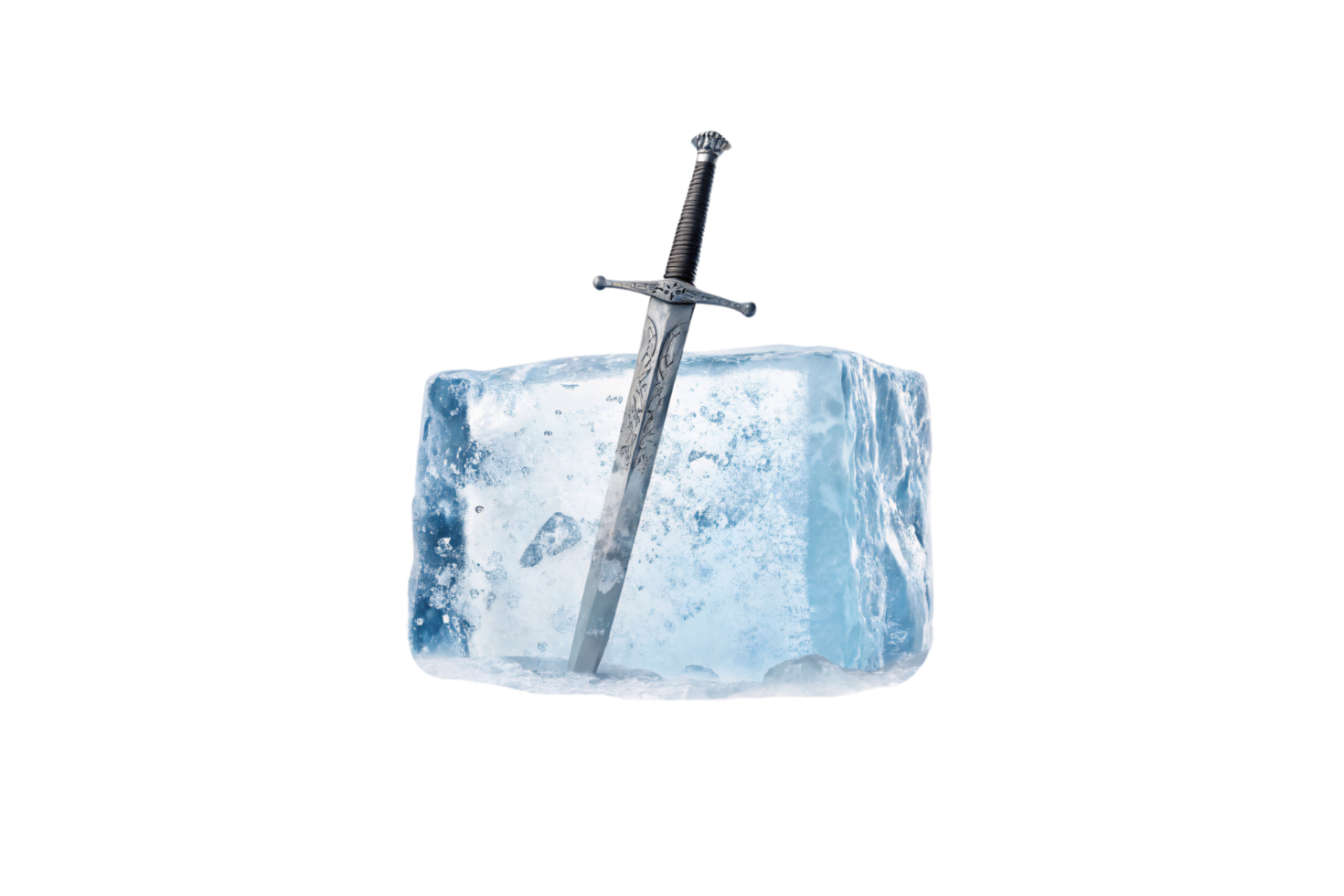 A silver medieval sword is embedded upright in a translucent block of ice, surrounded by frosty textures and fine icy details png