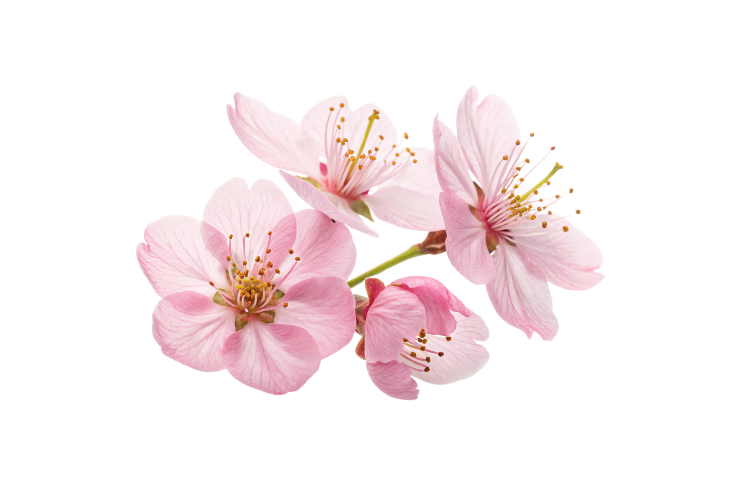 Close-up of delicate pink cherry blossoms, highlighting their soft petals and golden stamens. An elegant and natural floral composition png