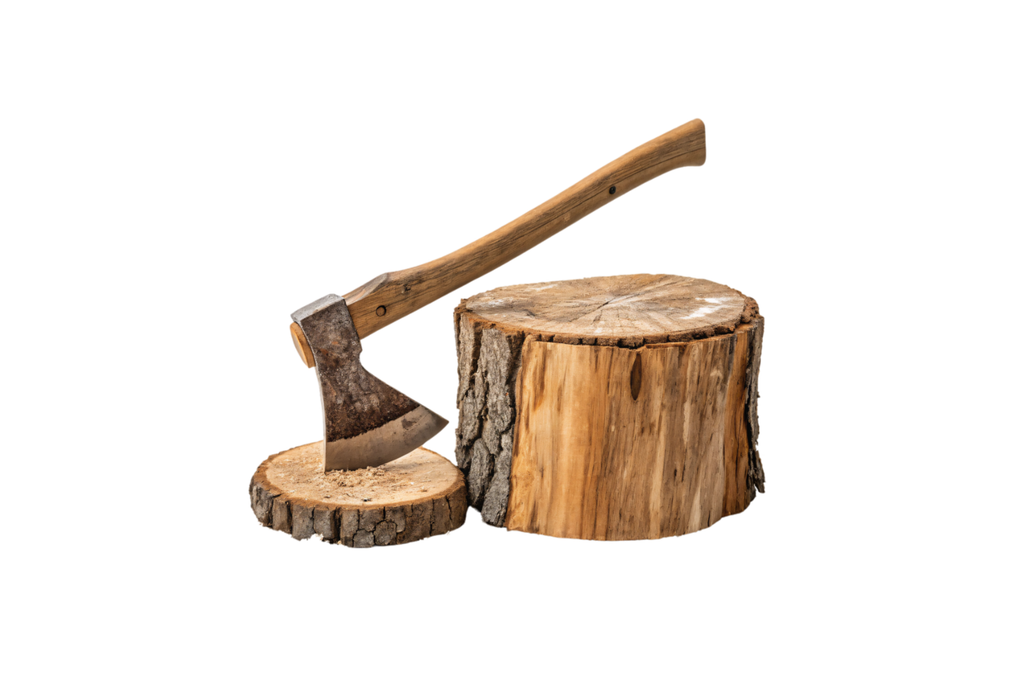 A rustic axe embedded in a chopped wood stump. The scene exudes simplicity, symbolizing traditional woodworking, logging, or outdoor tasks in a natural setting png