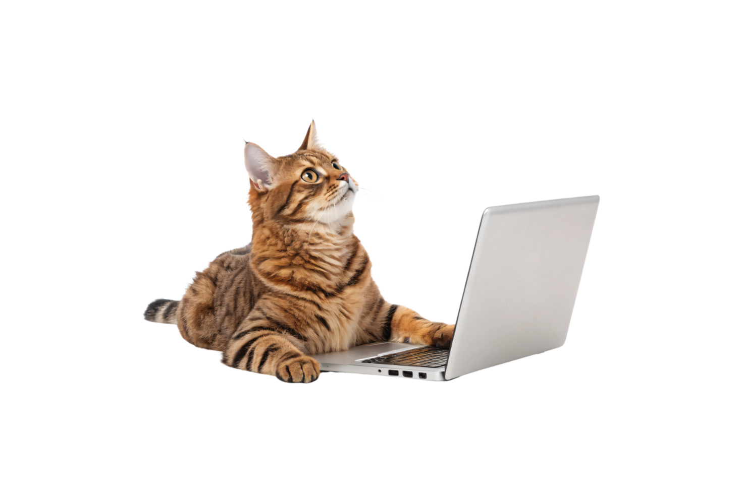 A striped tabby cat sits gracefully, gazing upward while resting its paw on a laptop, appearing curious and ready to work or explore png