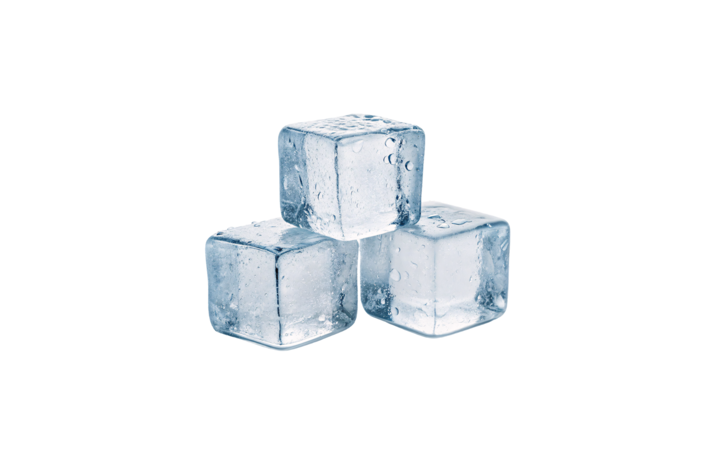 Three transparent ice cubes, perfectly shaped, glisten with condensation against a dark background. Their symmetry and clarity evoke a sense of purity and cold elegance png