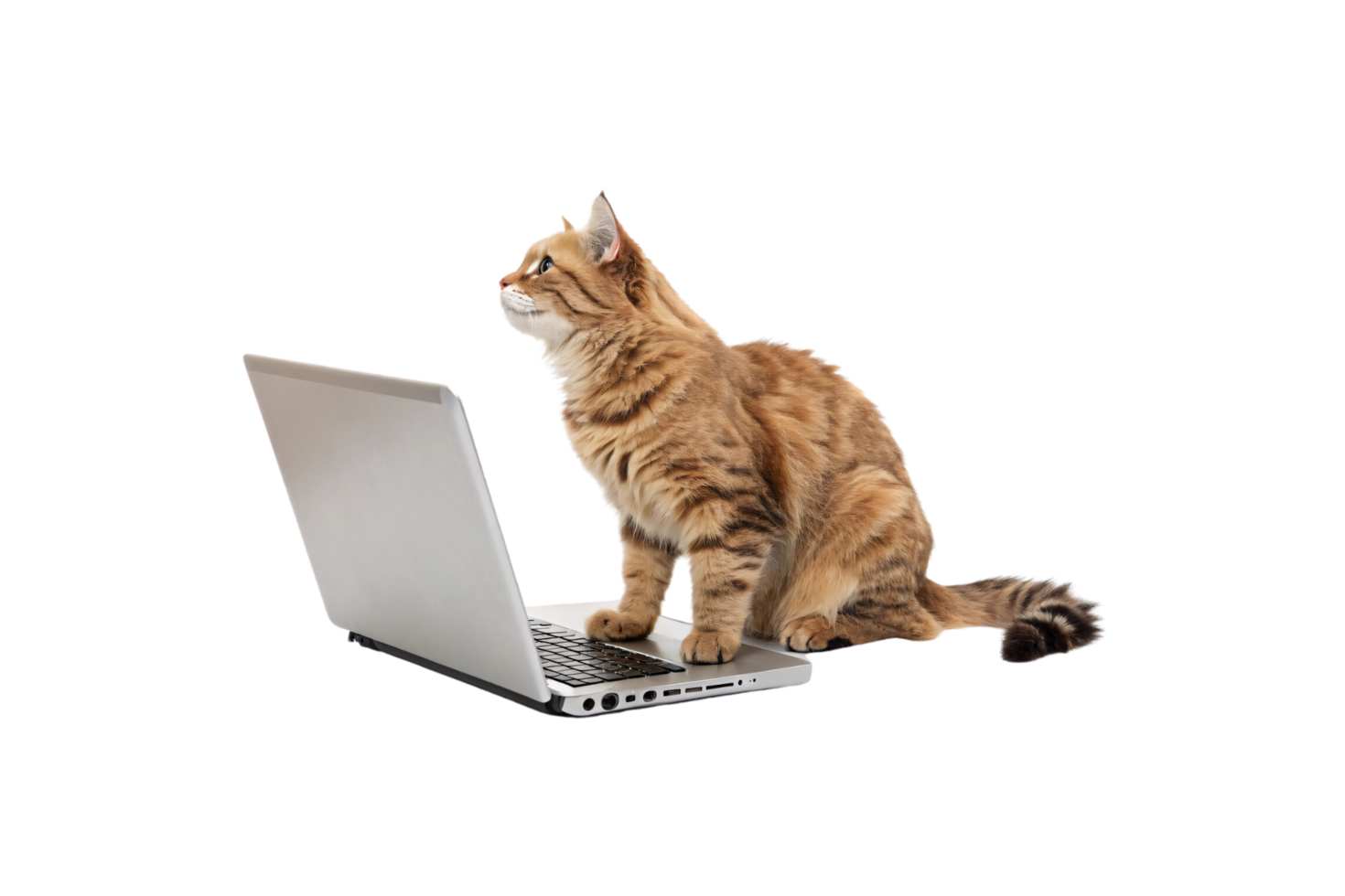 A tabby cat perches on a laptop, staring upward inquisitively. The contrast between its small size and the laptop adds a humorous charm to the image png