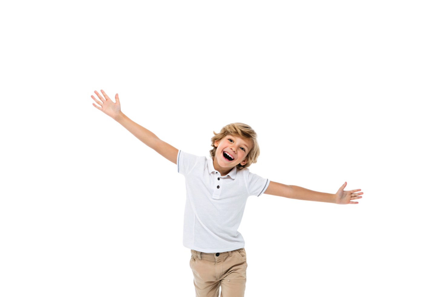 A young boy extends his arms wide, smiling brightly in a casual white polo shirt and khaki pants. A lively and spirited energy png