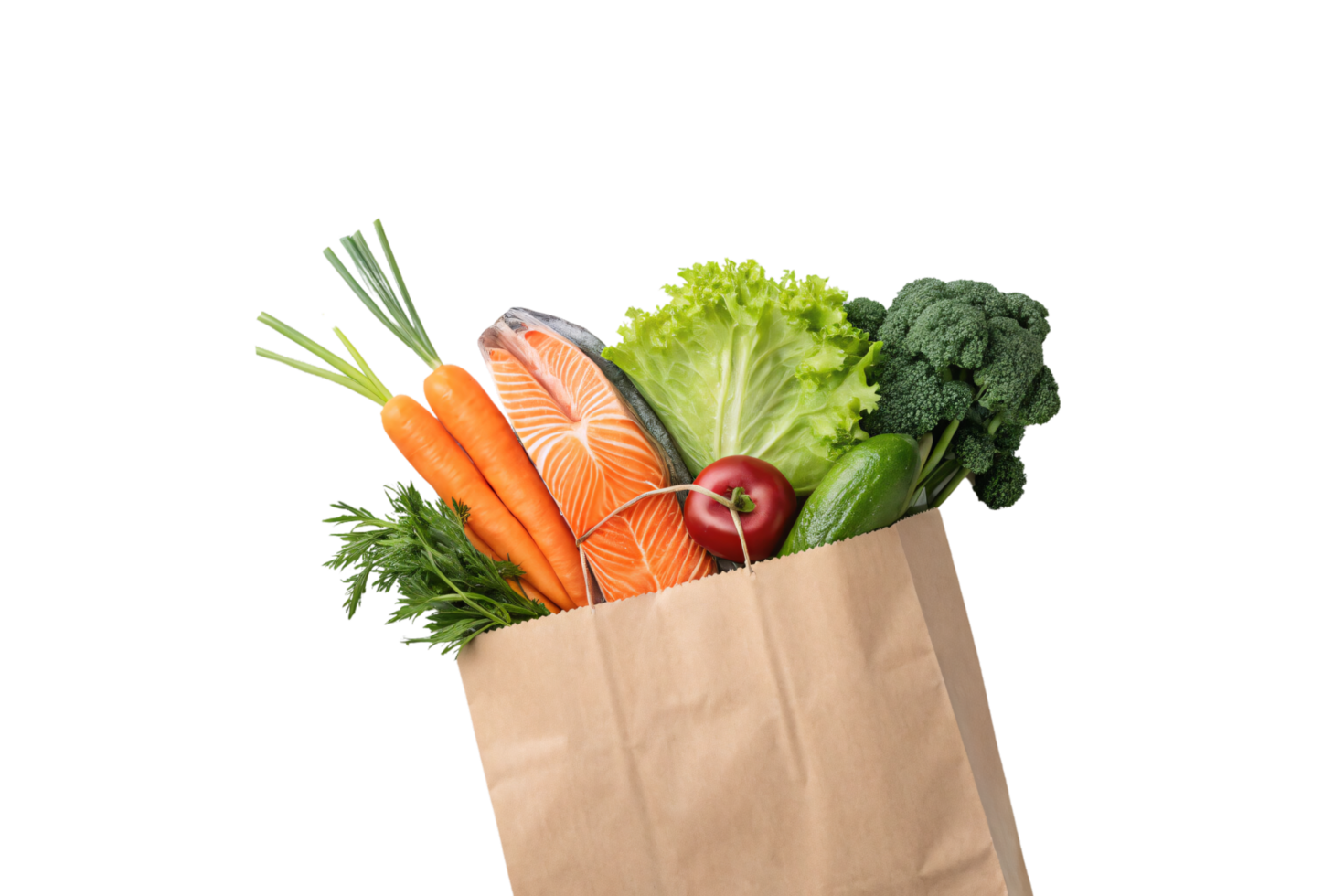 A bag packed with carrots, salmon fillet, cucumber, broccoli, lettuce, and a tomato. A vibrant assortment of fresh seafood and vegetables png
