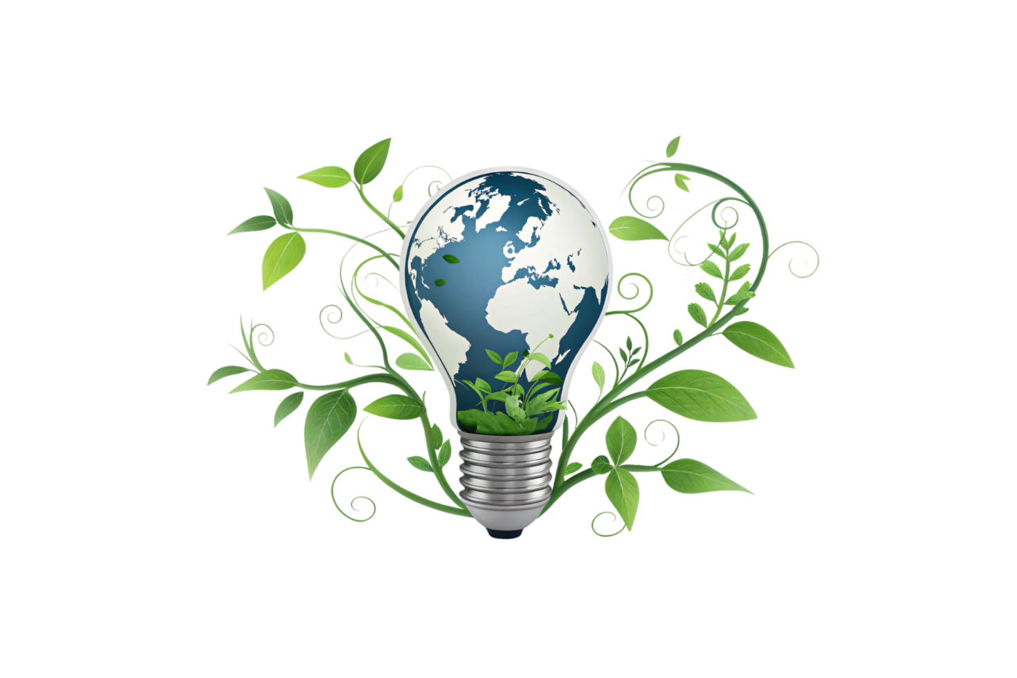 A light bulb encasing Earth, filled with lush greenery and encircled by swirling vines. A metaphor for global environmental consciousness and sustainable development png