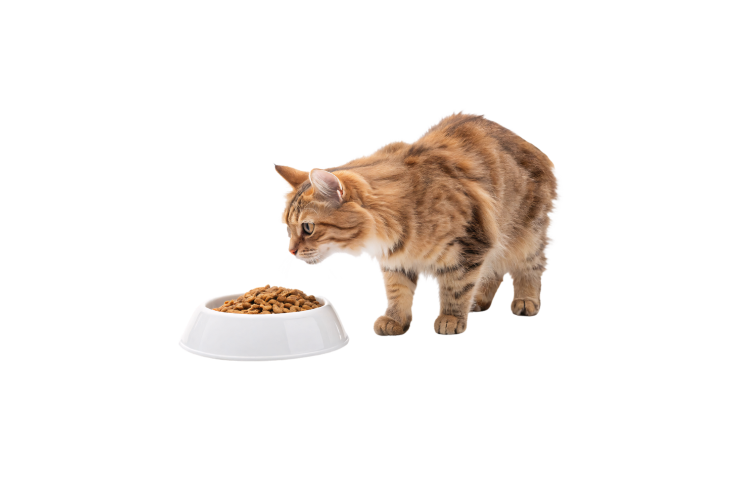 A fluffy ginger tabby cat leans down to sniff a white bowl of kibble, seemingly interested in its meal, ready to eat png