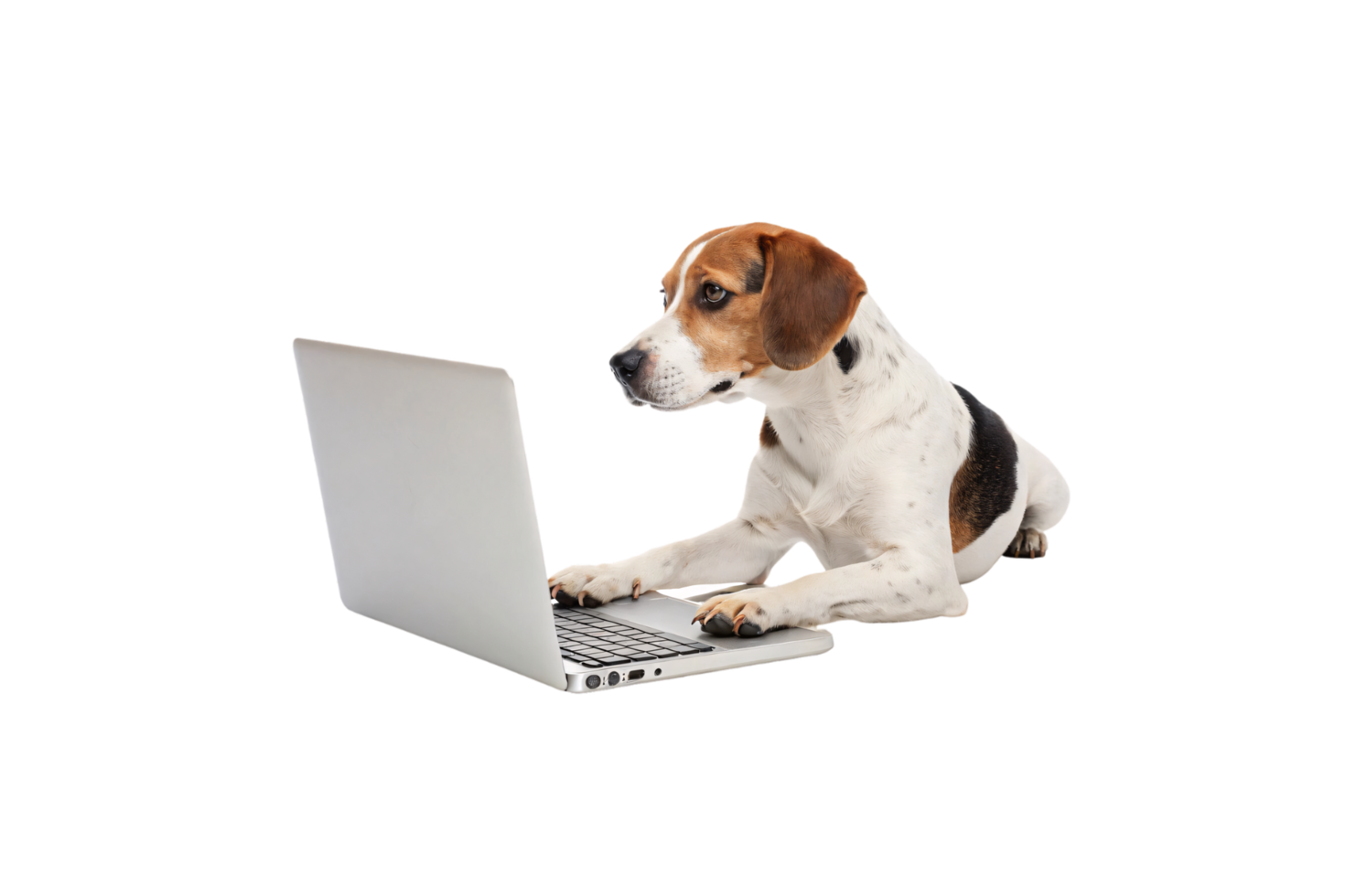 A focused Beagle dog interacts with a laptop, lying down and gazing at the screen, resembling a diligent user at work png