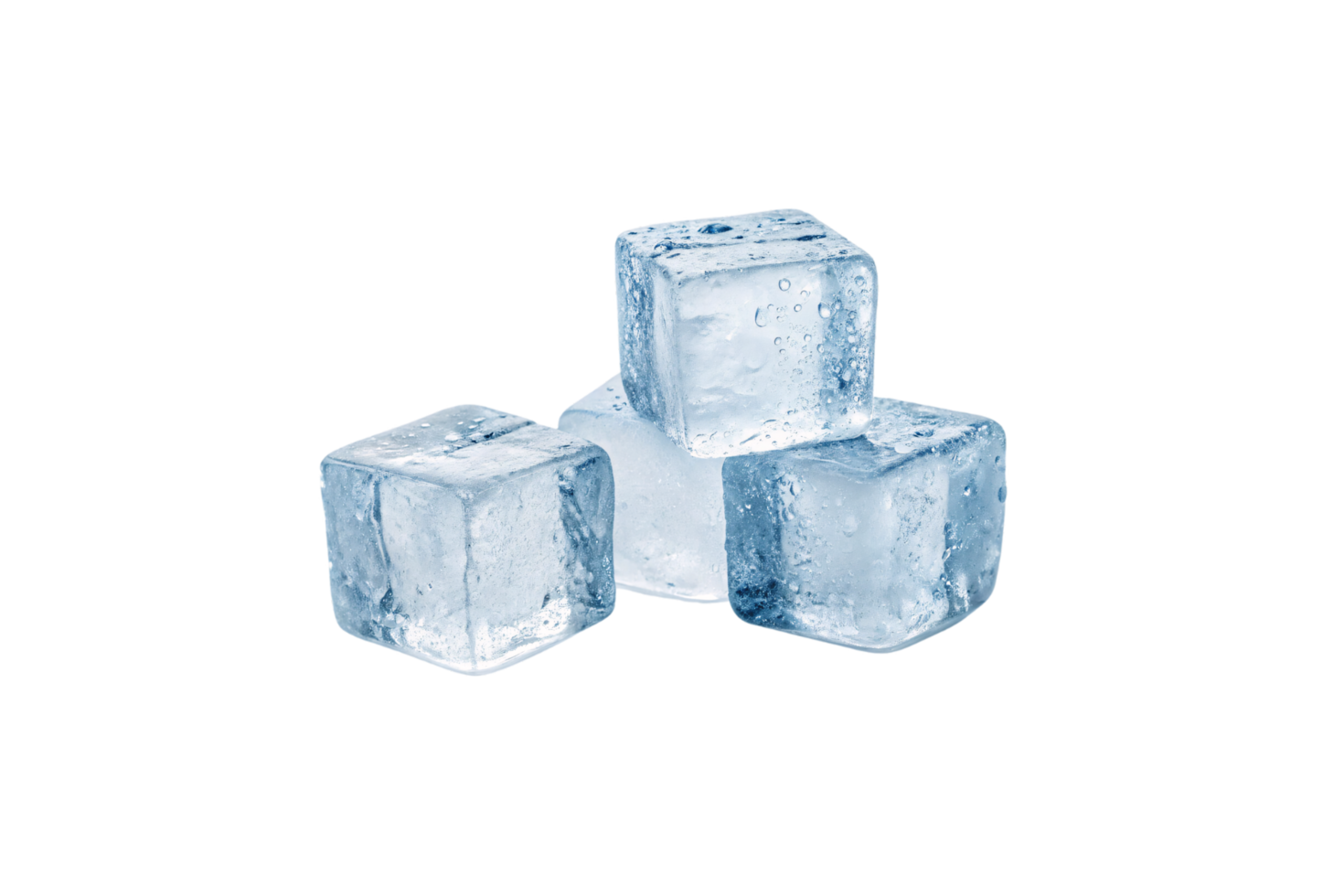 A balanced arrangement of four slightly frosty ice cubes, stacked unevenly. The shiny water droplets highlight their melting state, blending symmetry and natural imperfection png