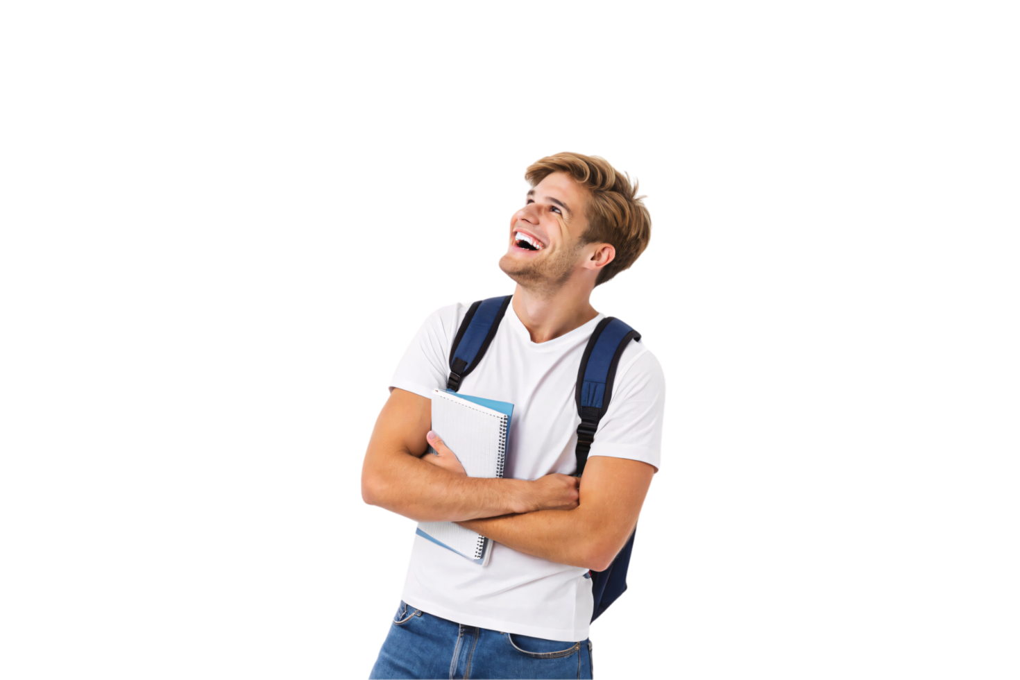 A cheerful young man with a backpack, dressed casually, holds notebooks while looking upward, his posture conveying confidence and readiness for learning png