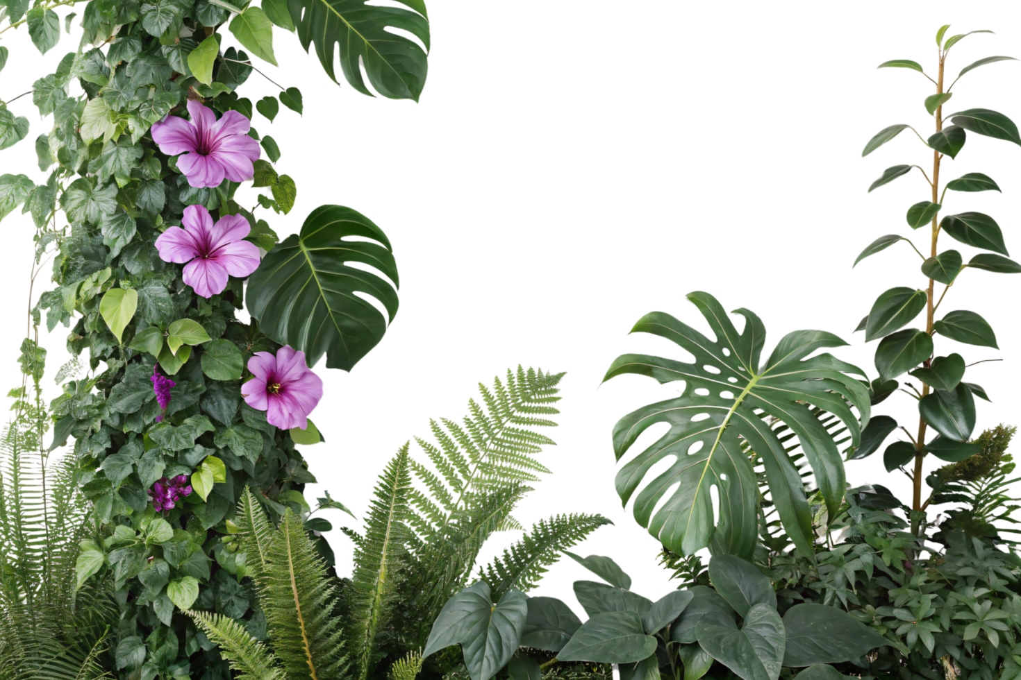 A vertical arrangement of climbing vines, monstera, ferns, and purple hibiscus blooms, bringing a sense of lush, vertical greenery png