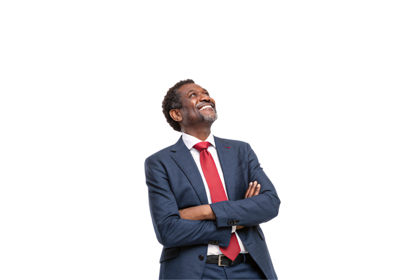 A distinguished man in a navy suit and red tie stands confidently, arms crossed, looking upward with a warm, contemplative smile png