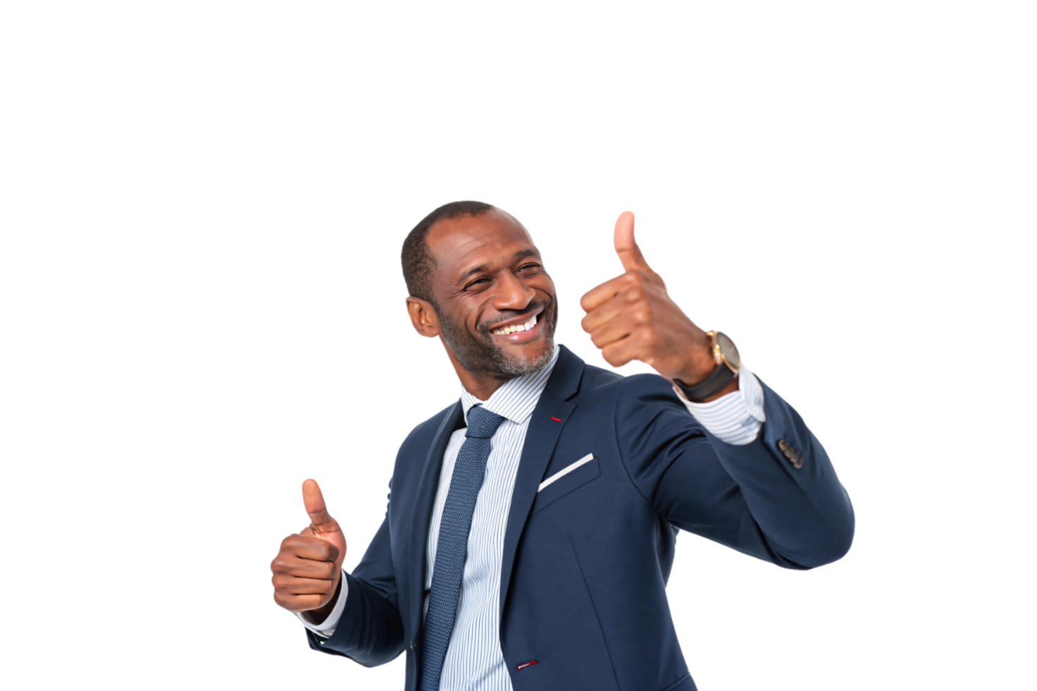 A cheerful businessman in a blue suit enthusiastically shows double thumbs up, expressing exuberance, success, and a vibrant, approachable energy png