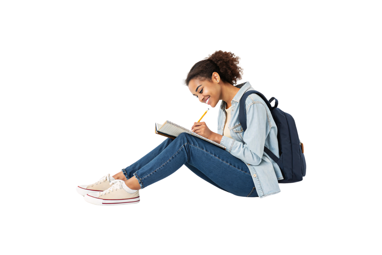 A focused student, seated cross-legged in a denim jacket and jeans, writes in her notebook with a sense of concentration and academic enthusiasm png