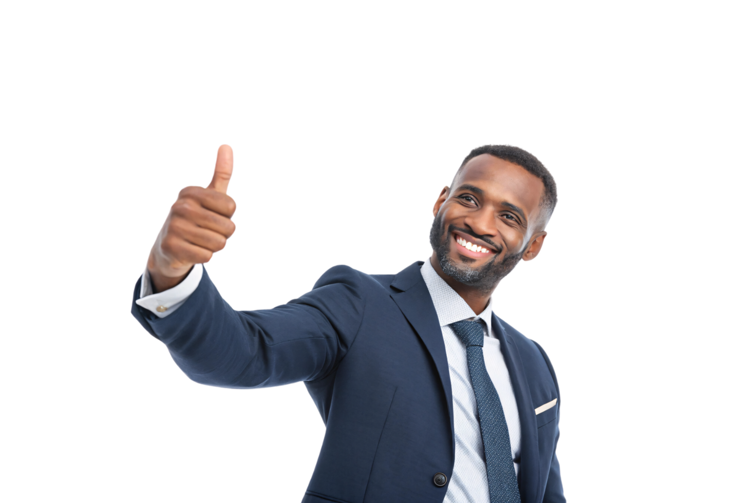 A man in a dark blue suit, smiling warmly, extends a single thumbs up. His professional demeanor conveys friendliness and trustworthiness png