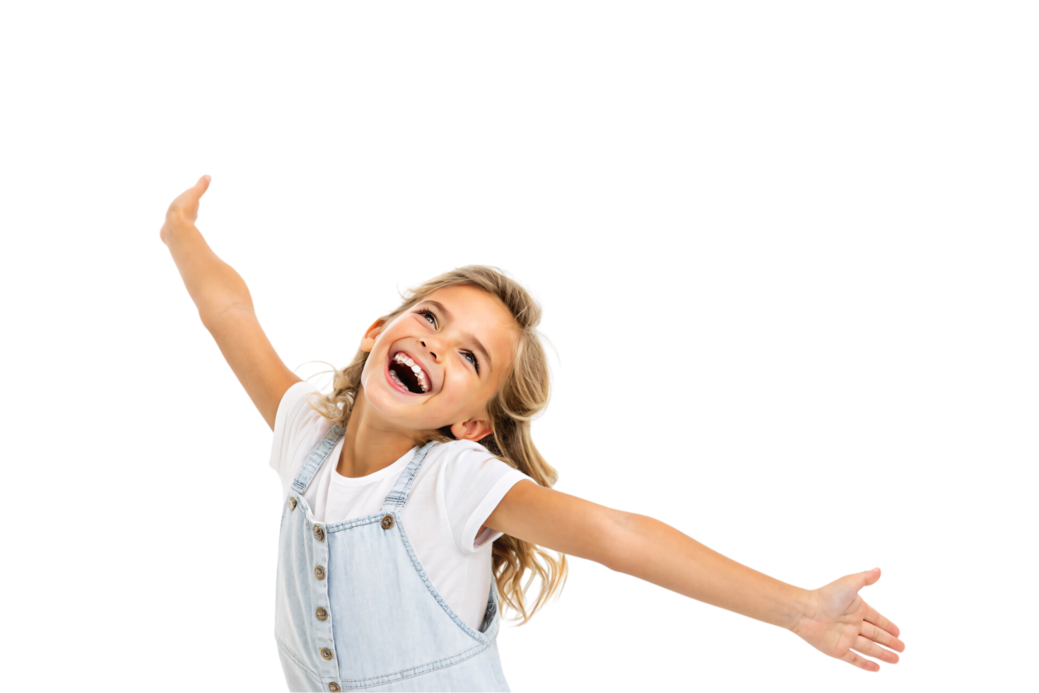 A playful child in denim overalls and a white shirt joyfully extends her arms, embodying freedom and excitement in her radiant smile png