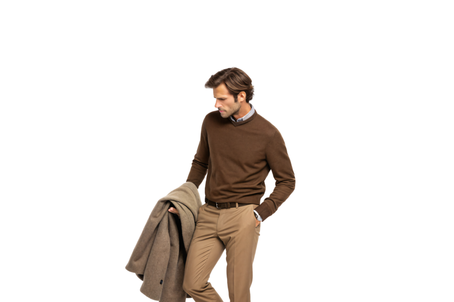 A man in a brown sweater and beige trousers holds a coat. His thoughtful pose exudes autumn sophistication and classic fashion png