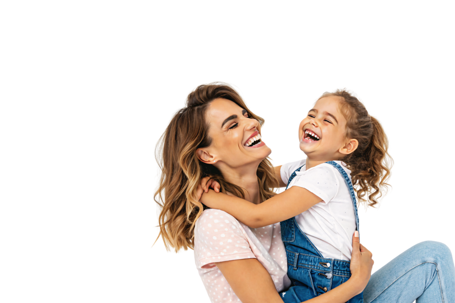 A joyful mother embraces her giggling toddler, both laughing heartily. The child wears denim overalls, and the scene radiates warmth and playful connection png