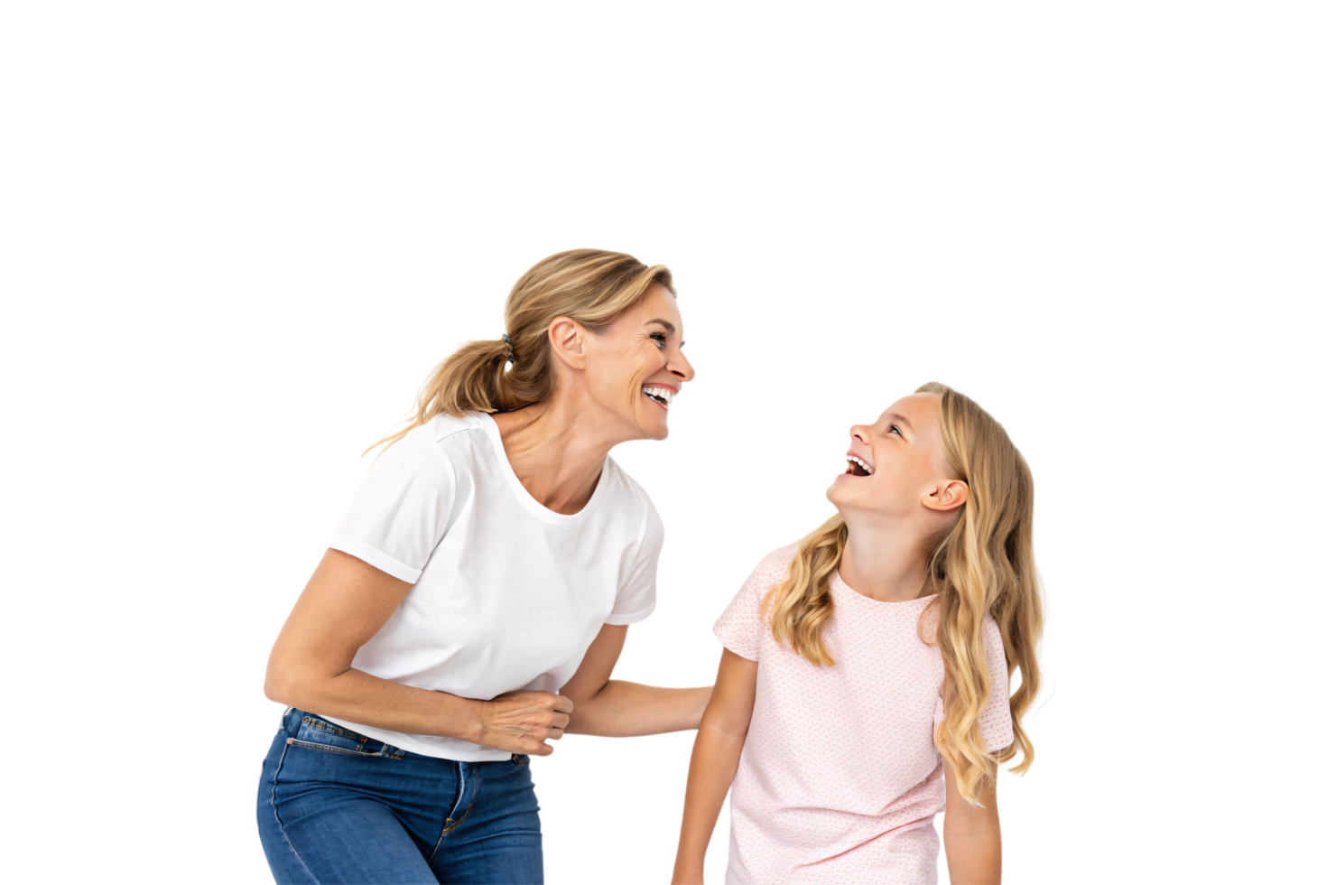 A mother and her young daughter share a hearty laugh, their expressions reflecting a loving bond and the pure joy of familial connection png