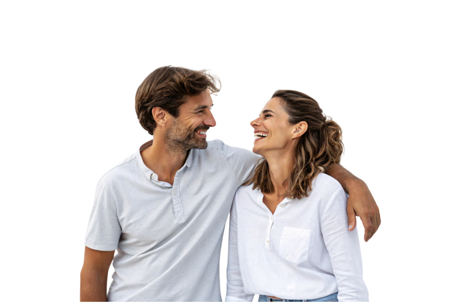 A happy real-life couple, dressed casually, embraces warmly. Their shared laughter and eye contact reflect a strong bond and mutual affection png