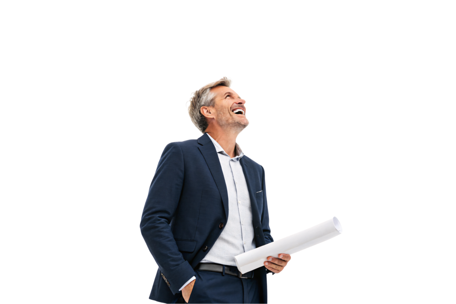 A smiling businessman, holding blueprints, dressed in a smart navy blazer, exudes professionalism and confidence while looking upward, possibly visualizing future achievements png
