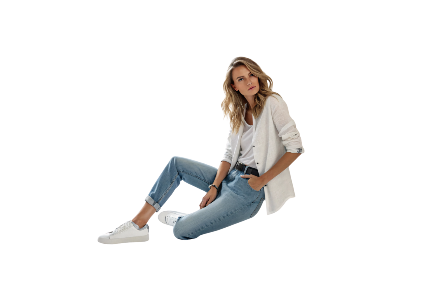 A woman seated on the floor in a white shirt, light blazer, jeans, and white sneakers. Casual elegance meets relaxed charm png