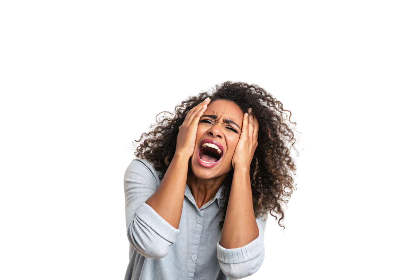 A woman in a light shirt clutches her head, screaming with wide eyes and open mouth, conveying intense frustration and emotional overload png