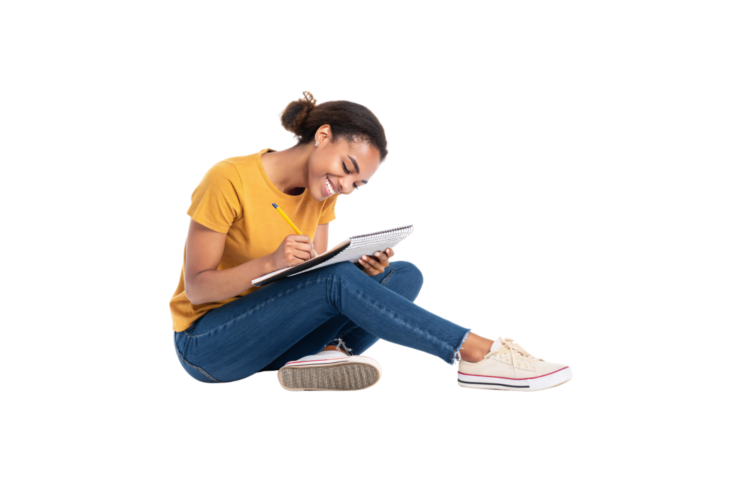 A bright and cheerful student, sitting cross-legged in a yellow top and jeans, leans forward while diligently taking notes in her notebook png