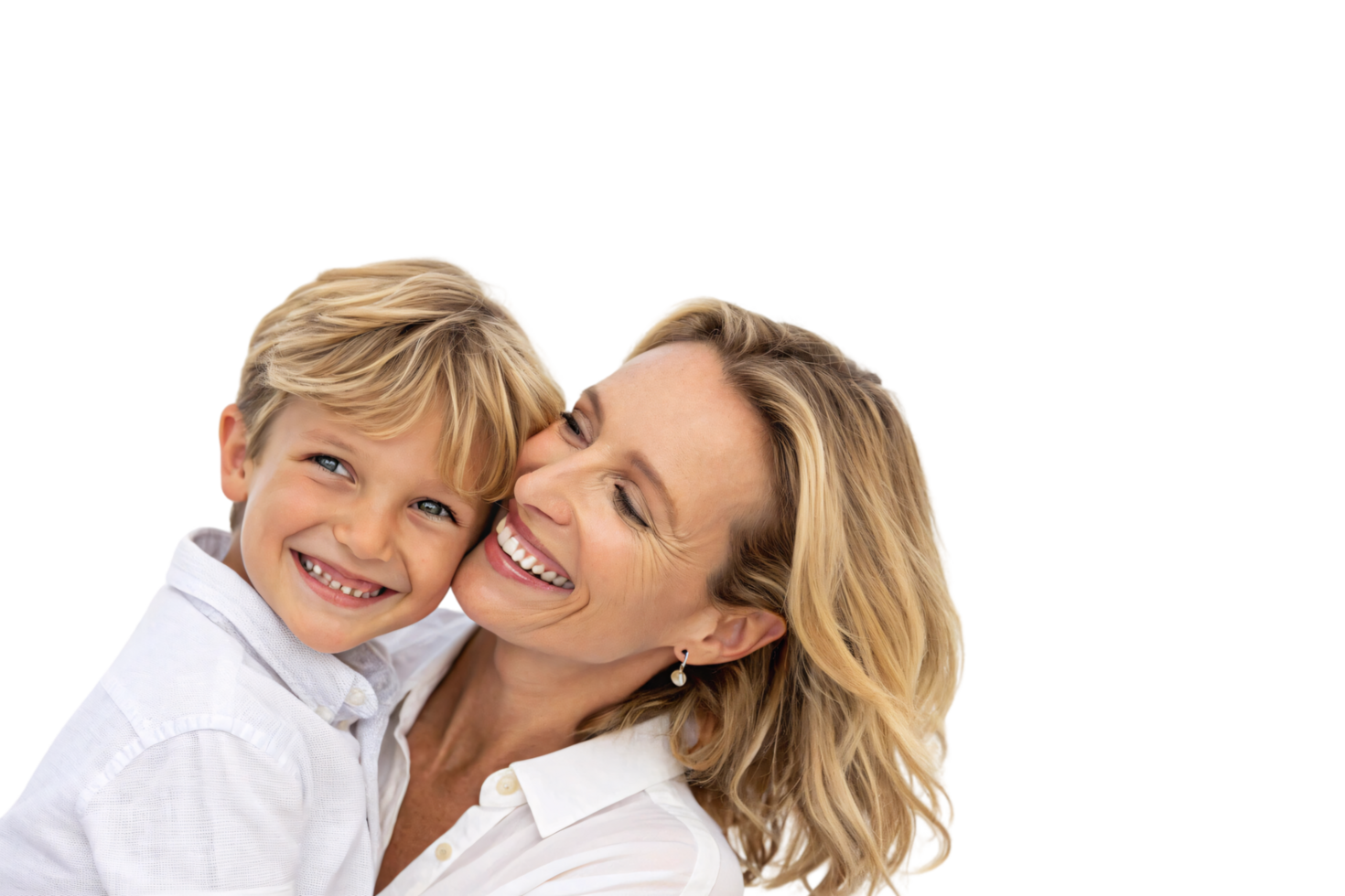 A mother lovingly hugs her son, both smiling sweetly. Their bright expressions highlight their close and loving relationship in a joyful embrace png
