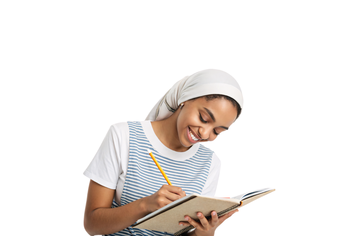 A young woman wearing a striped top and white hijab smiles warmly while writing in a notebook, radiating focus and positivity png