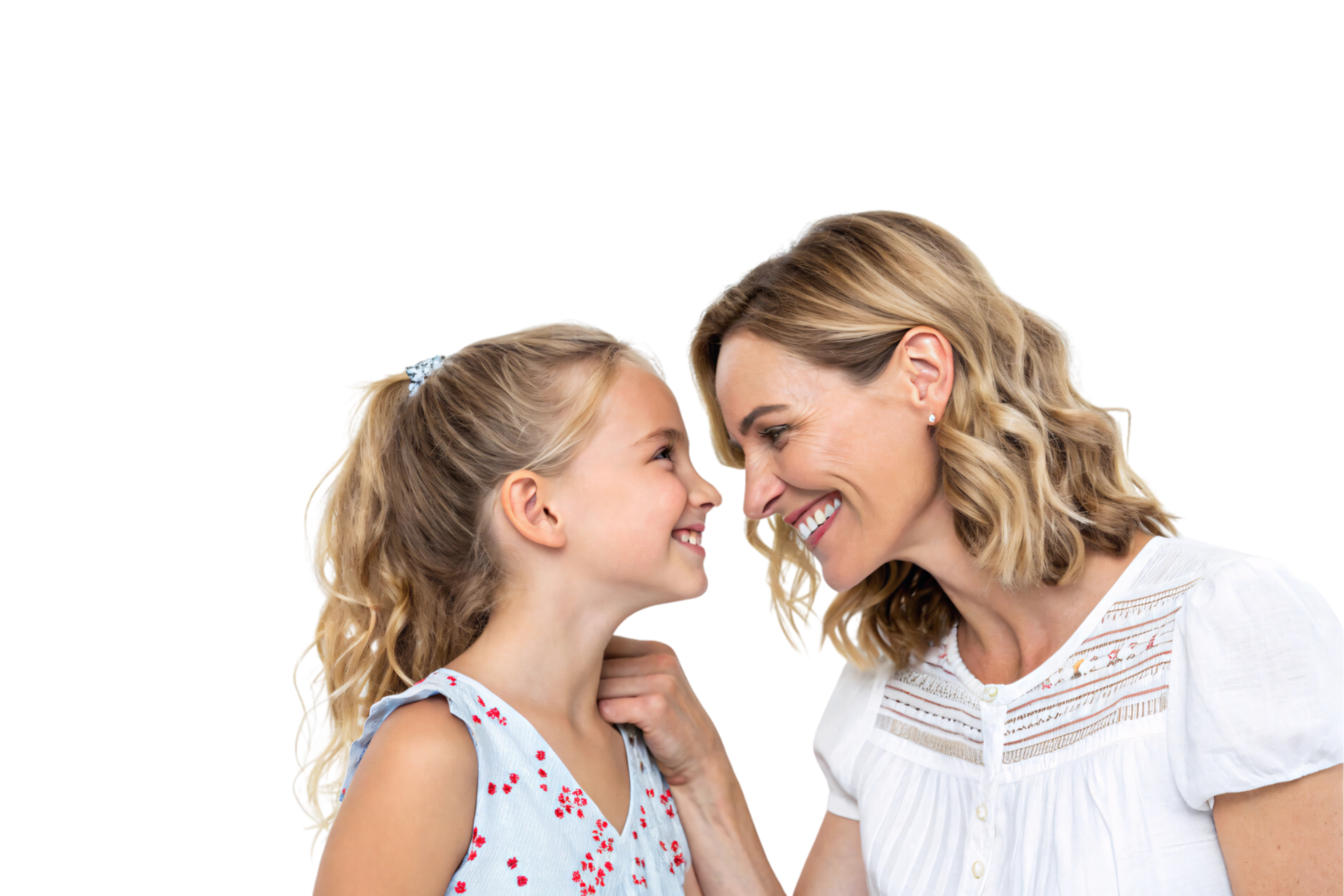 A tender and loving interaction as a mother and daughter touch noses, smiling brightly, their bond captured in a moment of mutual affection png
