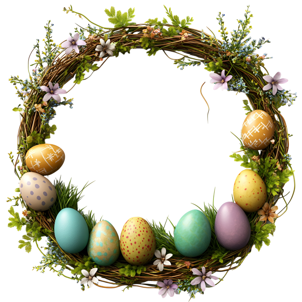 Easter Wreath With Colorful Eggs And Flowers On Transparent Background png