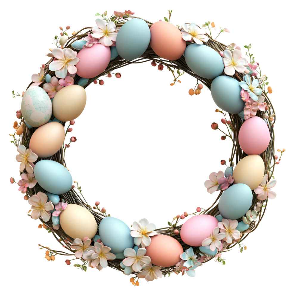 easter wreath with colorful eggs and flowers with transparent background png