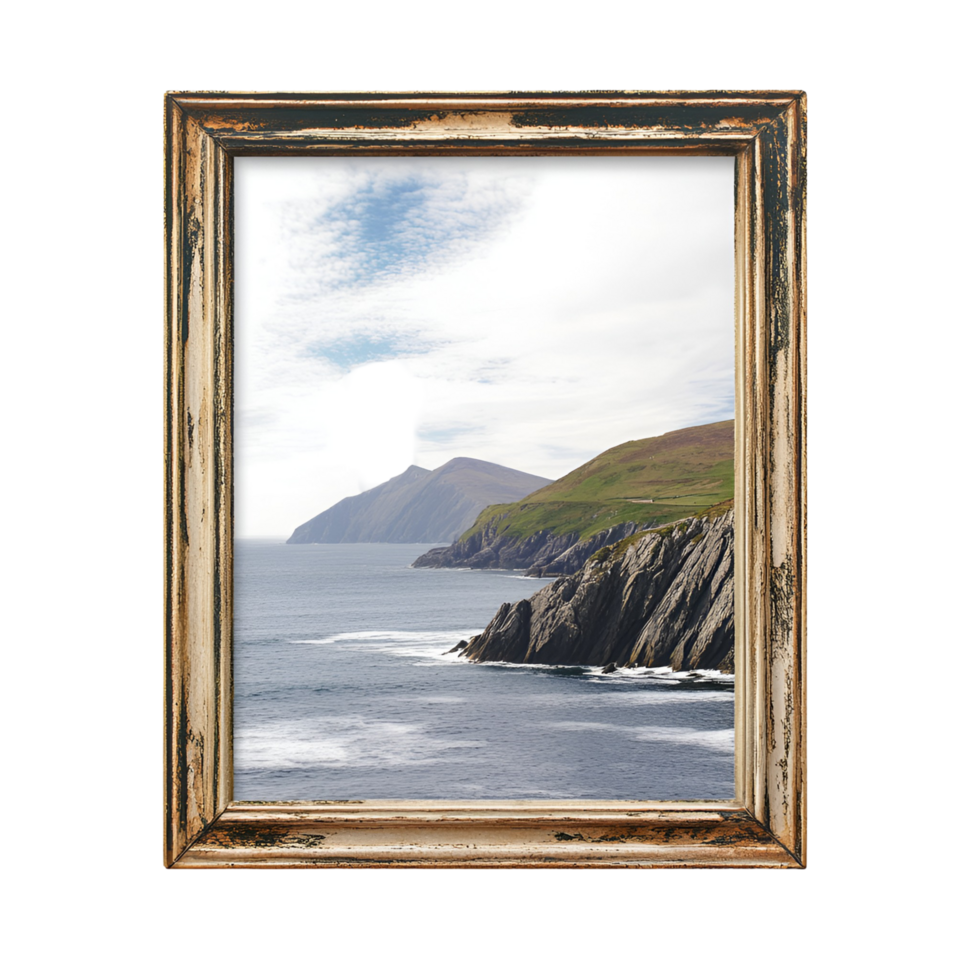a frame with a picture of the ocean and a cliff png