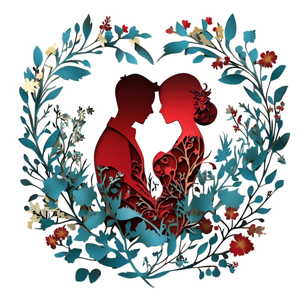 Paper Cut Lovers In Flower Frame Transparent Background png