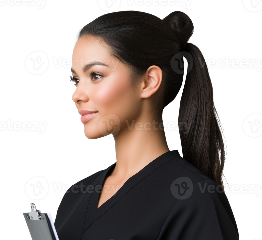 Profile view of young female nurse in black scrubs image isolated transparent. Professional caregiver woman holding clipboard cut out. Healthcare provider cutout photography png