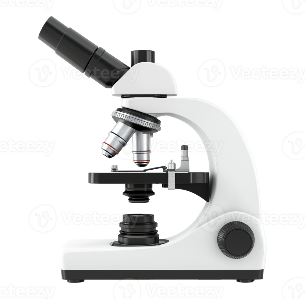 Laboratory microscope side view image isolated transparent. Scientific research. Biology study. Sample analysis lab equipment cut out. Optical instrument cutout photography png