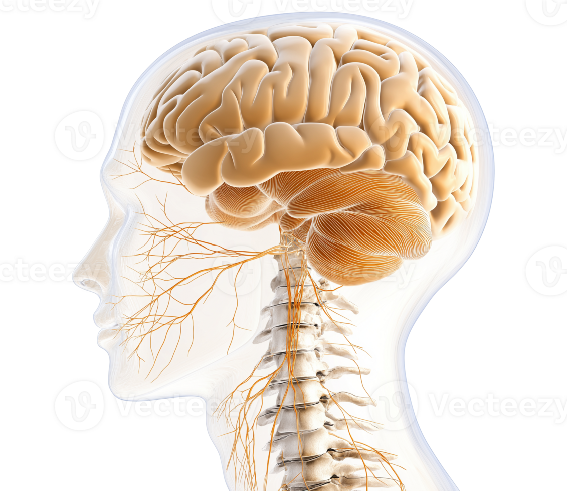 Medical profile head with brain and nerves transparent image. Spinal cord, nervous system, anatomy isolated cutout 3d render. Healthcare education cut out clipart design element png