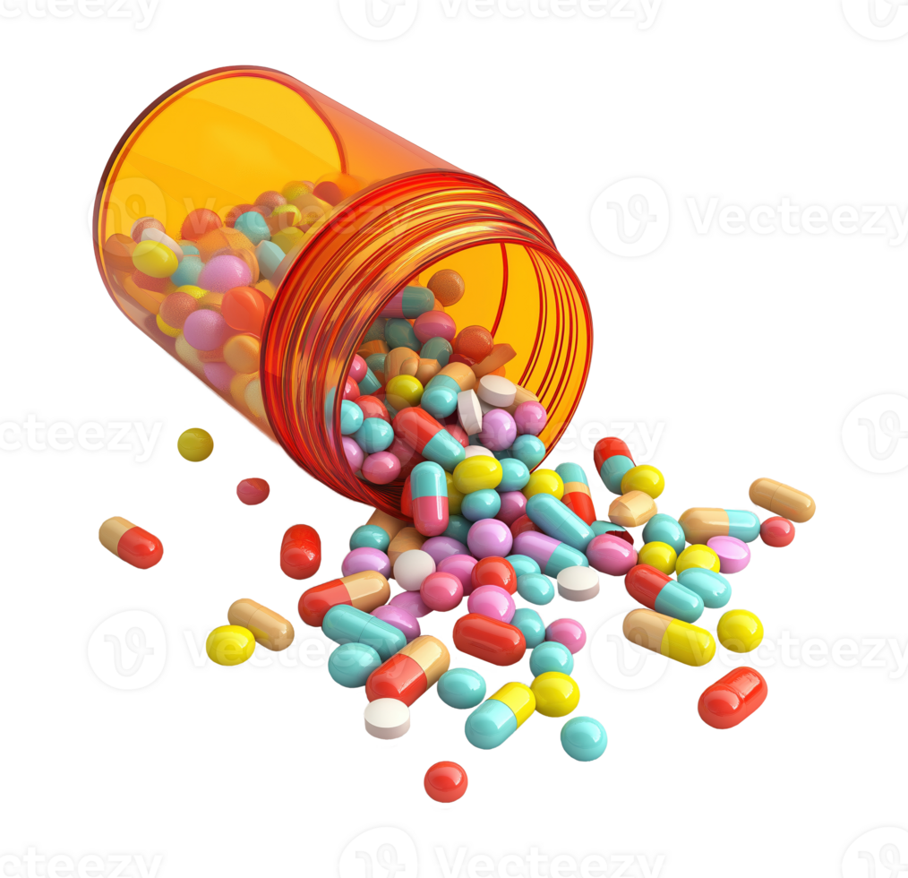 Colorful pills spilling from prescription bottle transparent image. Medication. Pharmaceuticals isolated cutout 3d render. Medical treatment container cut out clipart design element png
