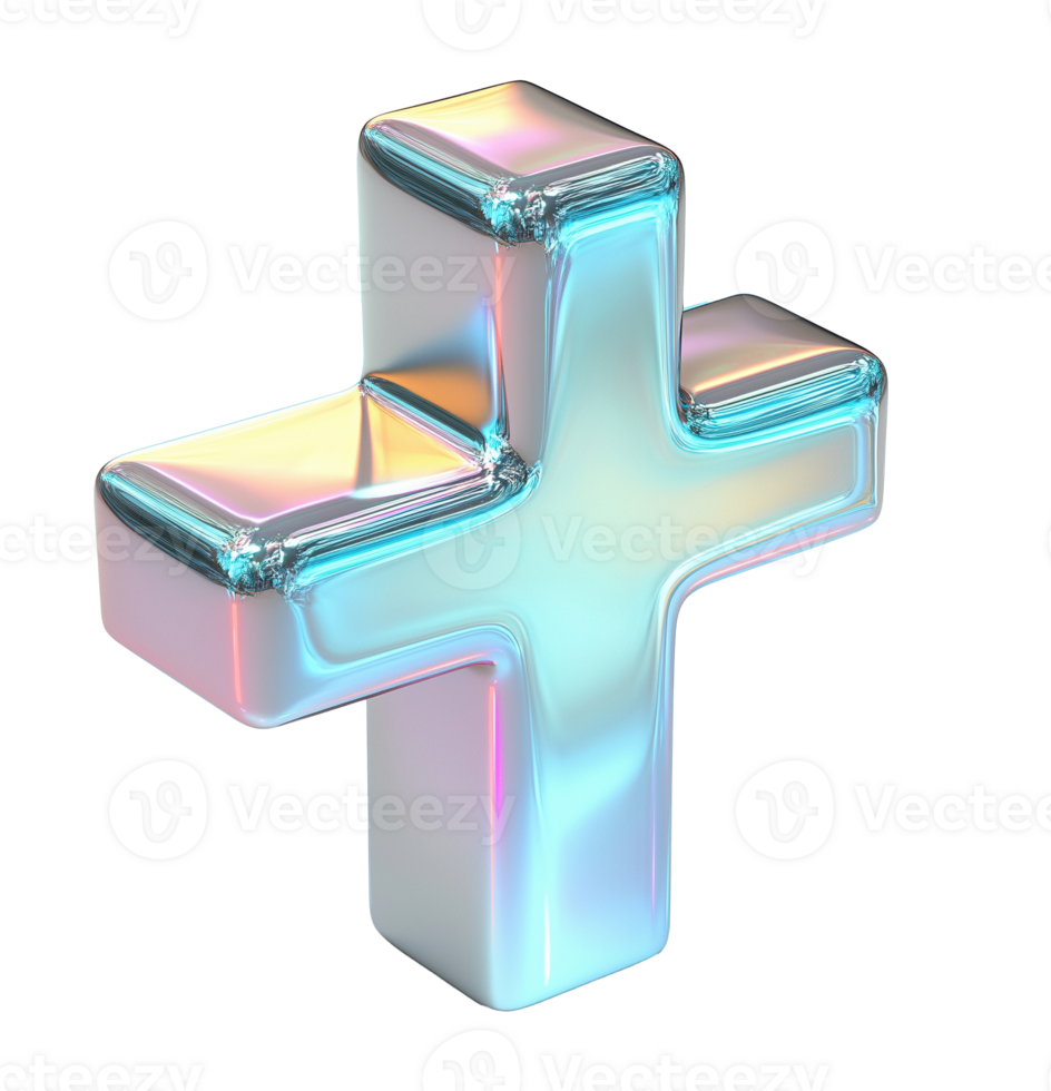 Glossy iridescent plus symbol reflecting metallic hues transparent image. Shiny cross. First aid emergency sign isolated cutout 3d render. Medical logo cut out clipart design element png