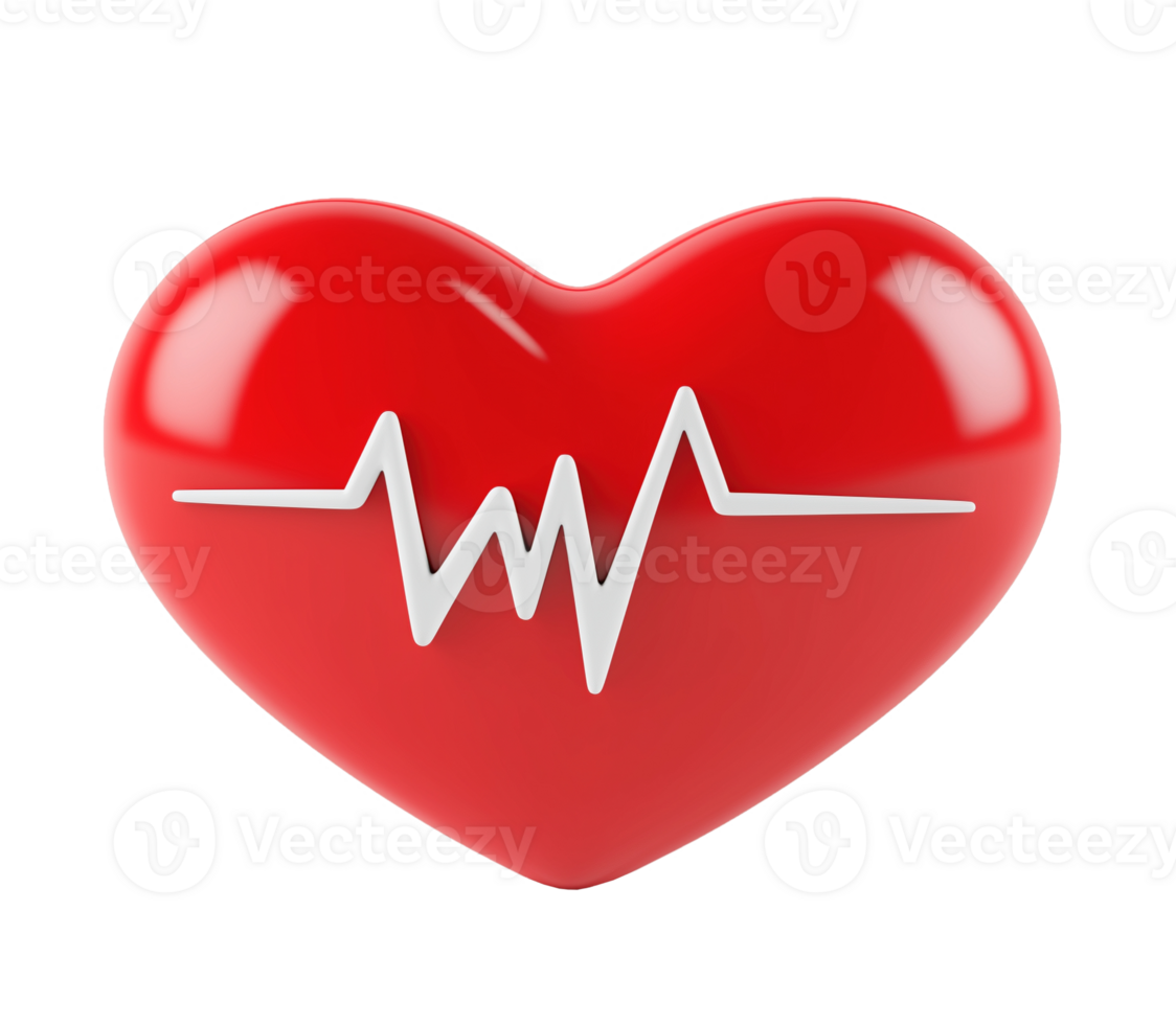 Glossy red heart with ECG heartbeat line transparent image. Cardiovascular health isolated cutout 3d render. Cardiology ekg medical symbol pulse cut out clipart design element png