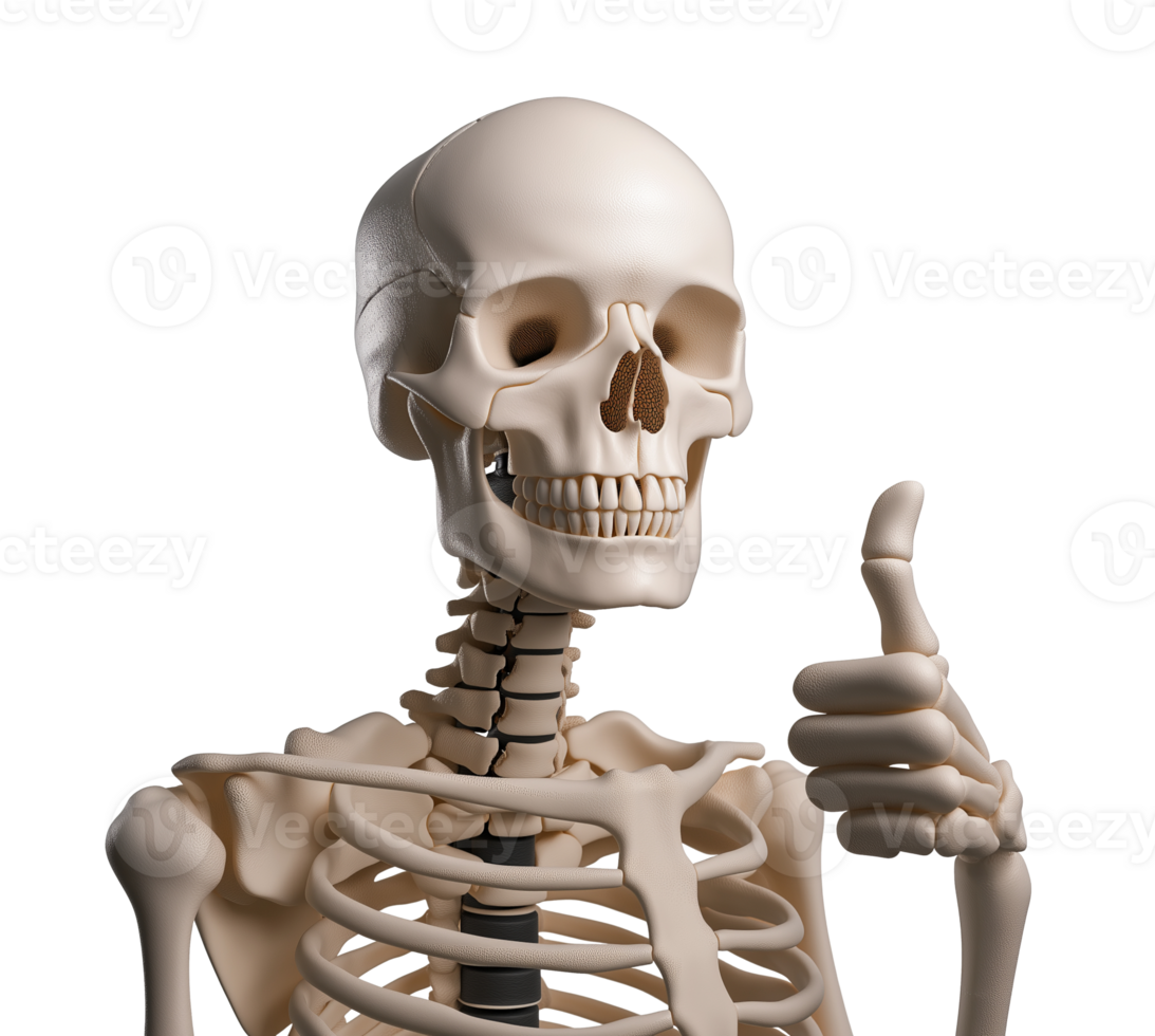 Realistic human skeleton giving thumb up transparent image. Medical anatomy. Humorous anatomical model isolated cutout 3d render. Skeletal gesture cut out clipart design element png
