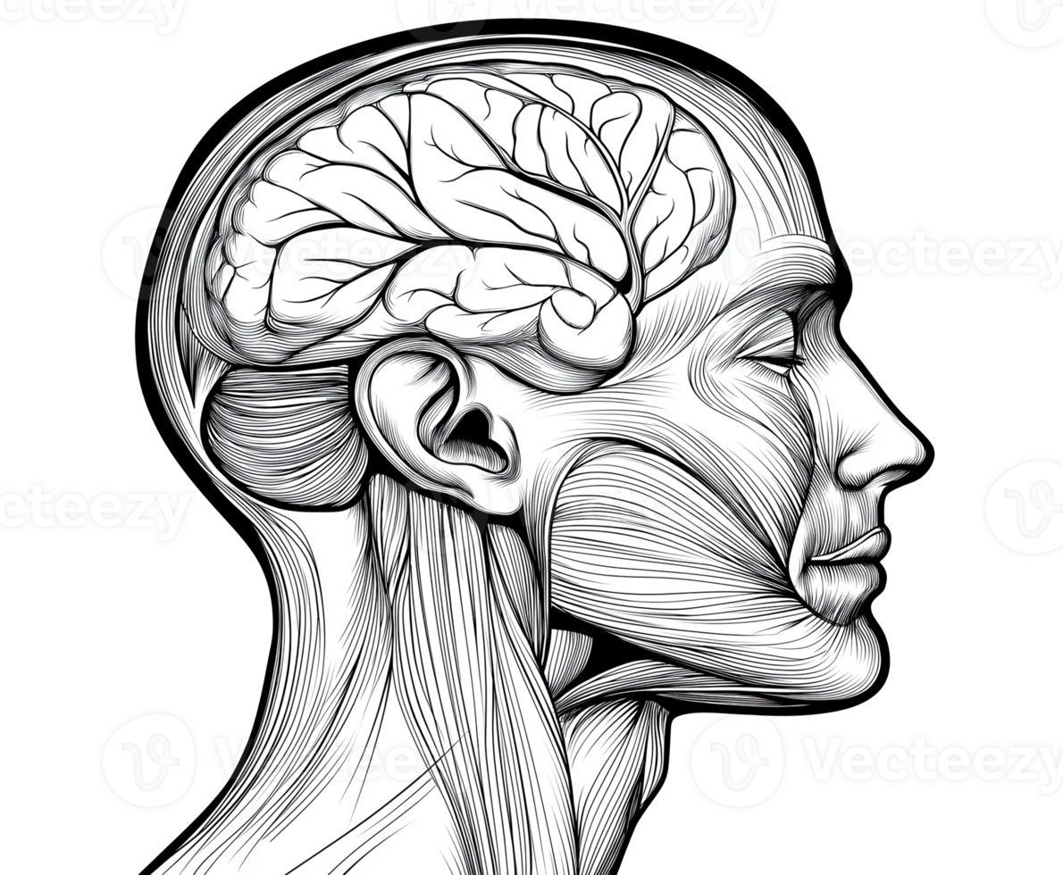 Black-and-white anatomical head brain and muscles transparent image. Human anatomy isolated cutout. Scientific sketch. Side profile. Medical drawing cut out clipart design element png