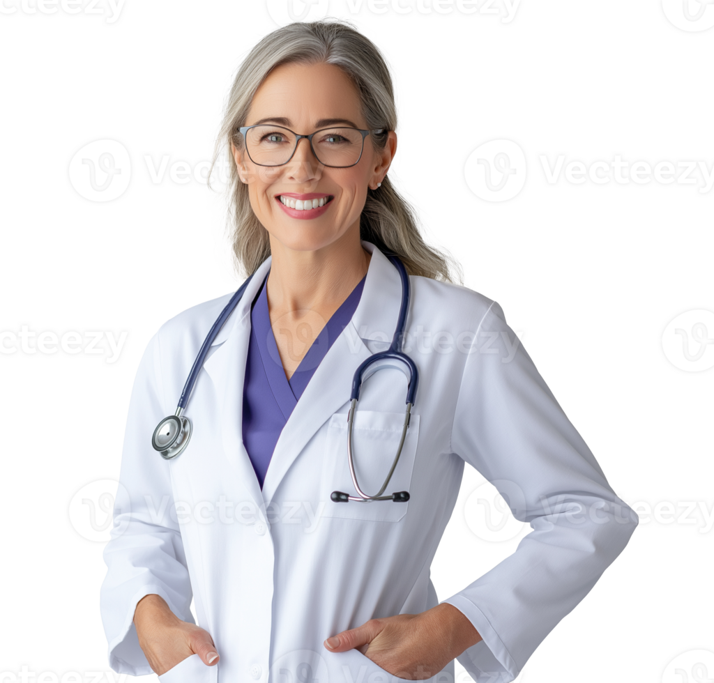 Confident mature female doctor with gray hair and glasses image isolated transparent. Stethoscope specialist woman smiling cut out. Healthcare provider cutout photography png