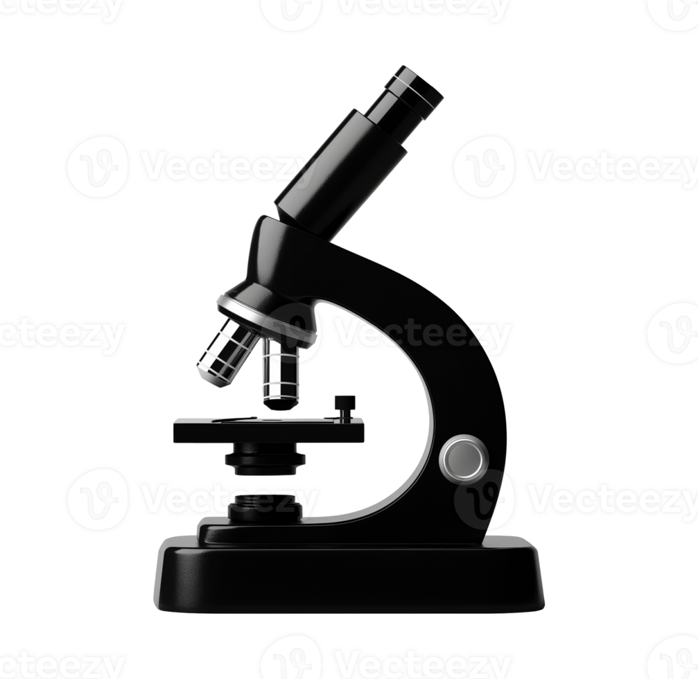 Black modern microscope image isolated transparent. Medical technology. Clinical diagnostics. Sample analysis lab equipment cut out . Optical instrument cutout photography png