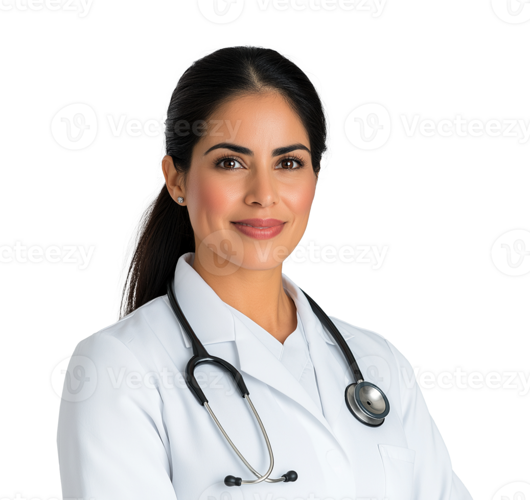 Confident female physician with stethoscope image isolated transparent. Professional medic caucasian woman cut out. Wellness expert. Healthcare provider cutout photography png