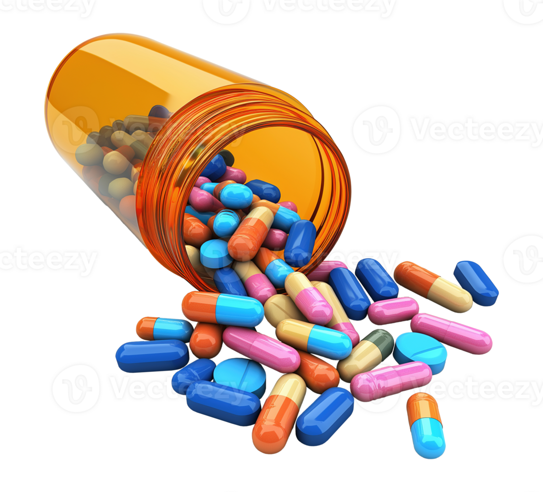 Open pill bottle with capsules spilling transparent image. Pharmacy supply. Pharmaceuticals isolated cutout 3d render. Medical treatment container cut out clipart design element png