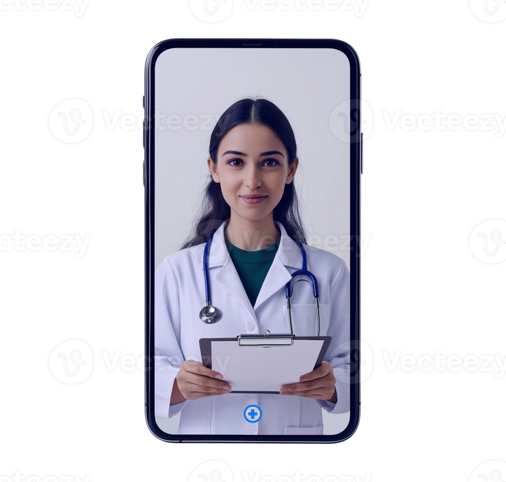Live call with female doctor smartphone screen image isolated transparent. Telemedicine, virtual medical consultation cut out . Remote healthcare cutout photography png