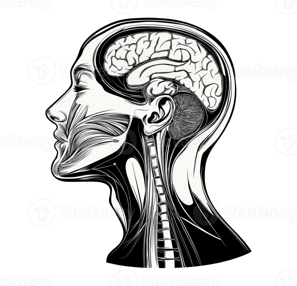 Black and white anatomical head with brain and spine transparent image. Profile human facial muscles isolated cutout. Anatomy study. Medical drawing cut out clipart design element png