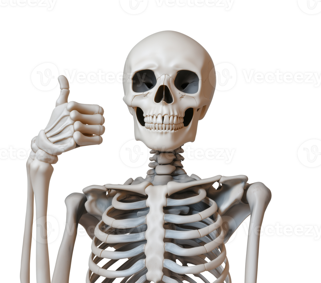 Skeleton making thumb-up gesture with wide toothy grin transparent image. Humorous anatomical model isolated cutout 3d render. Skeletal gesture cut out clipart design element png